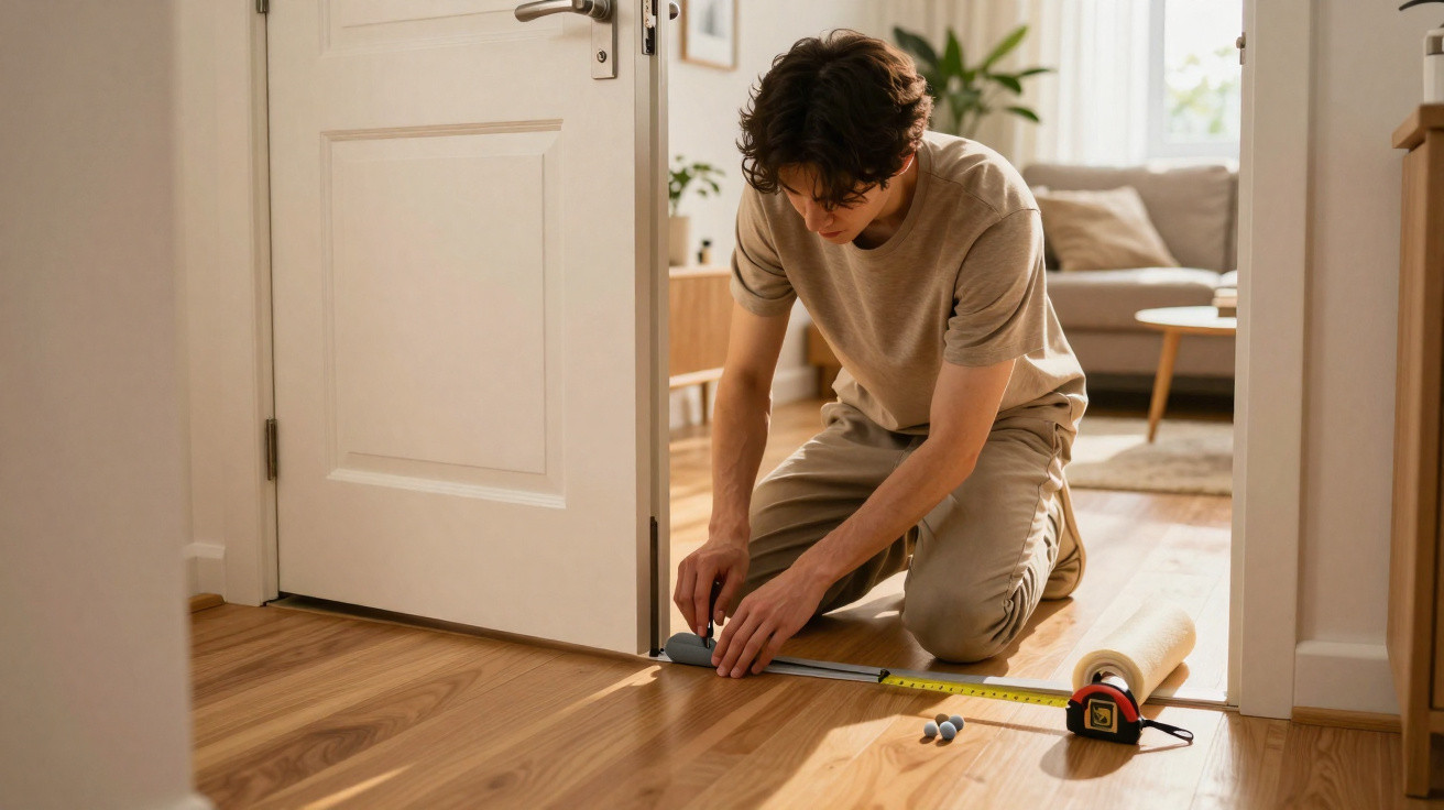Young man kneeling on wooden floor fitting a door draft stopper at the bottom of a white door in a living room.