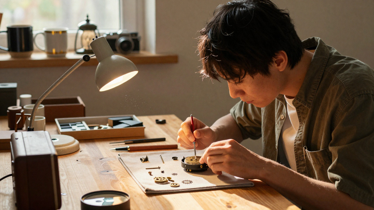 Young man repairing a mechanical watch at a wooden desk under a desk lamp in natural daylight.