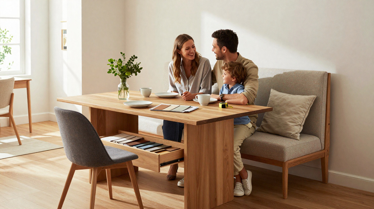 Family of three smiling and sitting at a wooden dining table with a fabric bench in a bright living room.