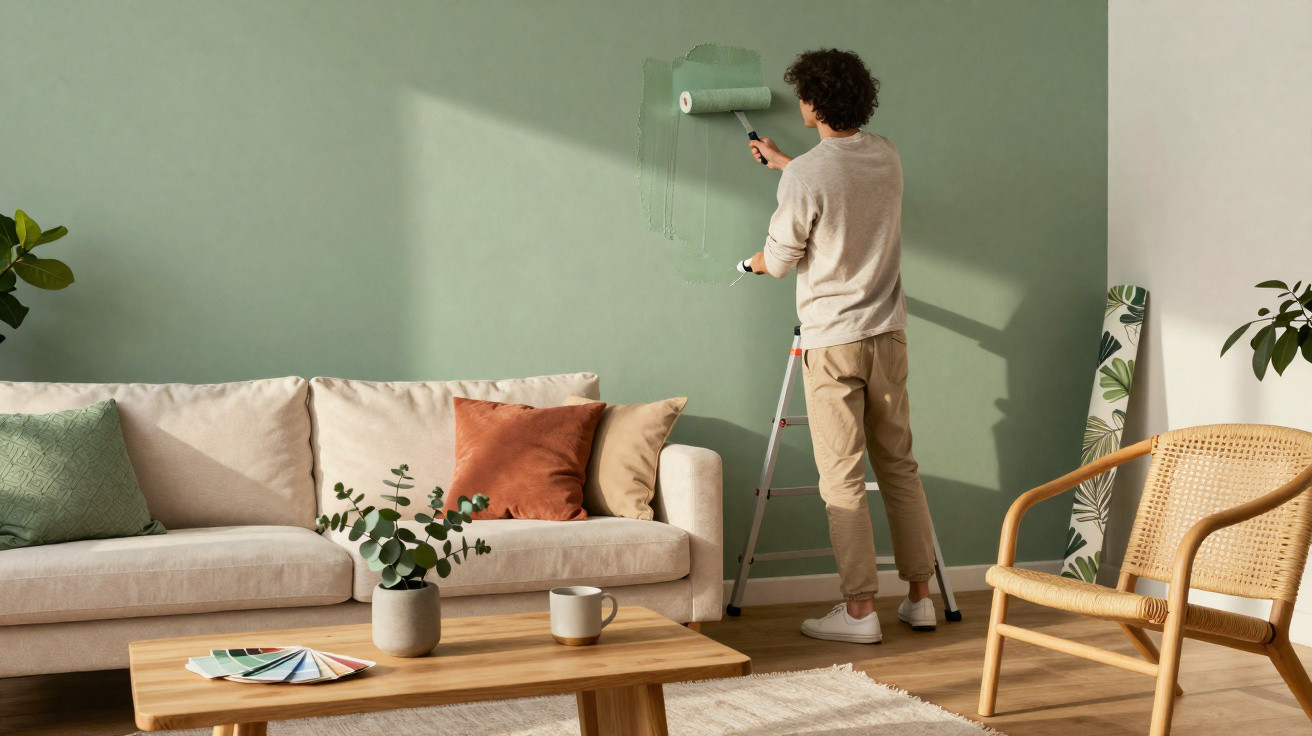 Person painting a living room wall green using a roller, with sofa, coffee table, and chair in view.