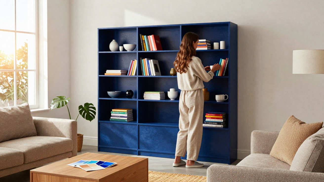 Woman organising books on a large navy blue bookshelf in a cosy, sunlit living room with beige sofas.