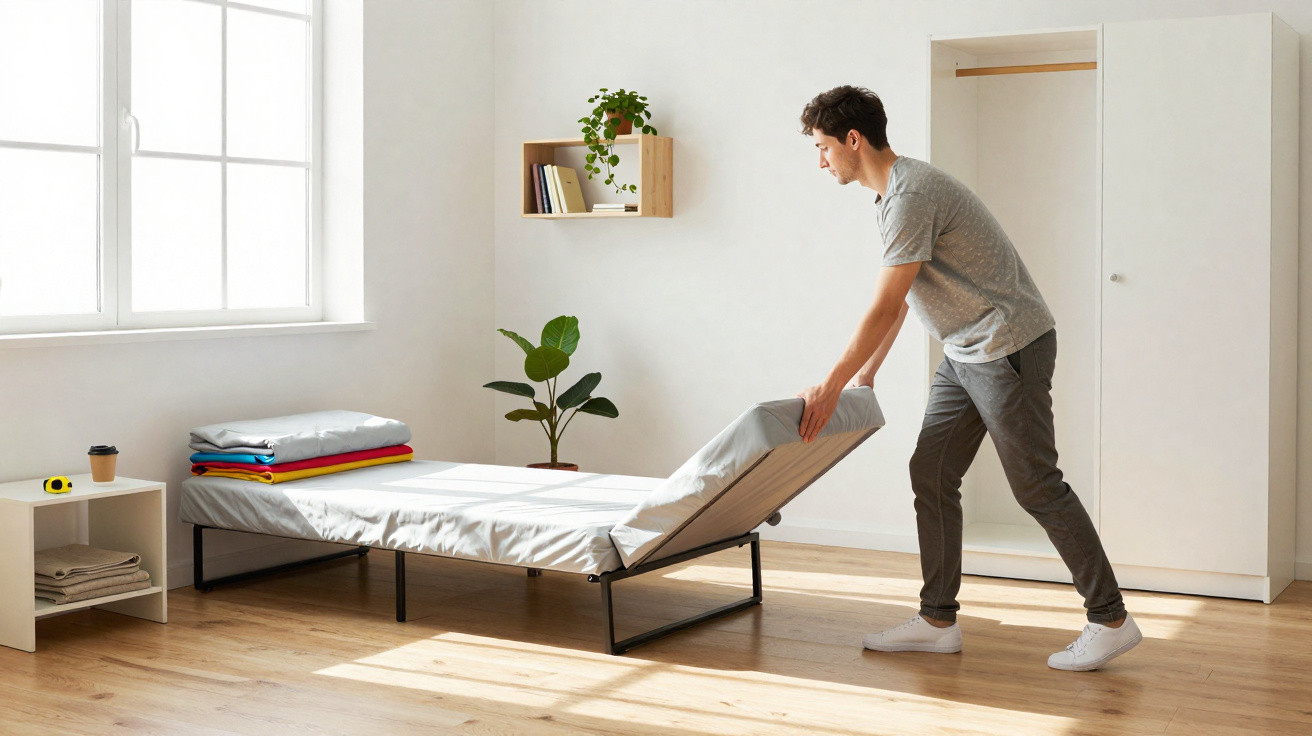 Man adjusting mattress on a foldable bed in a bright, minimal bedroom with wooden flooring.