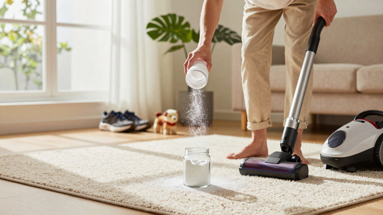 Person sprinkling baking soda on a carpet before vacuuming in a bright living room.