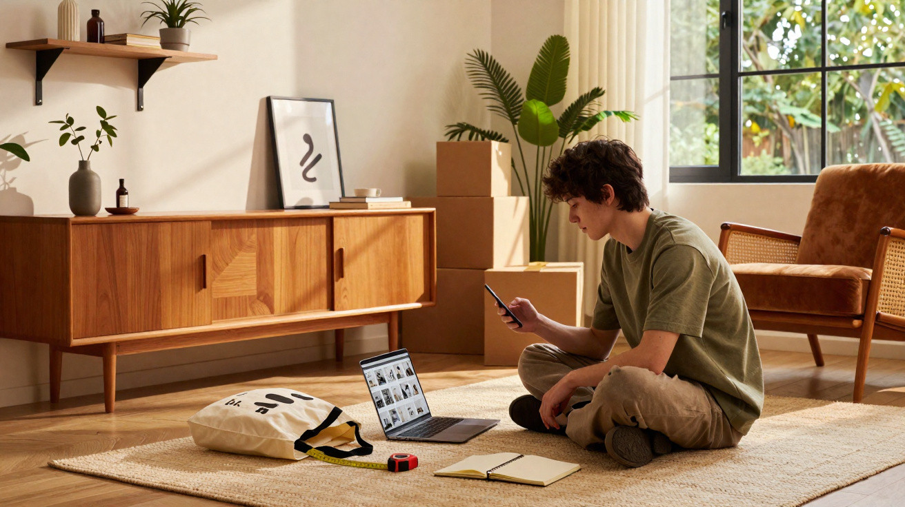Young man sitting cross-legged on rug using smartphone with laptop, notebook, and tape measure nearby in bright room.