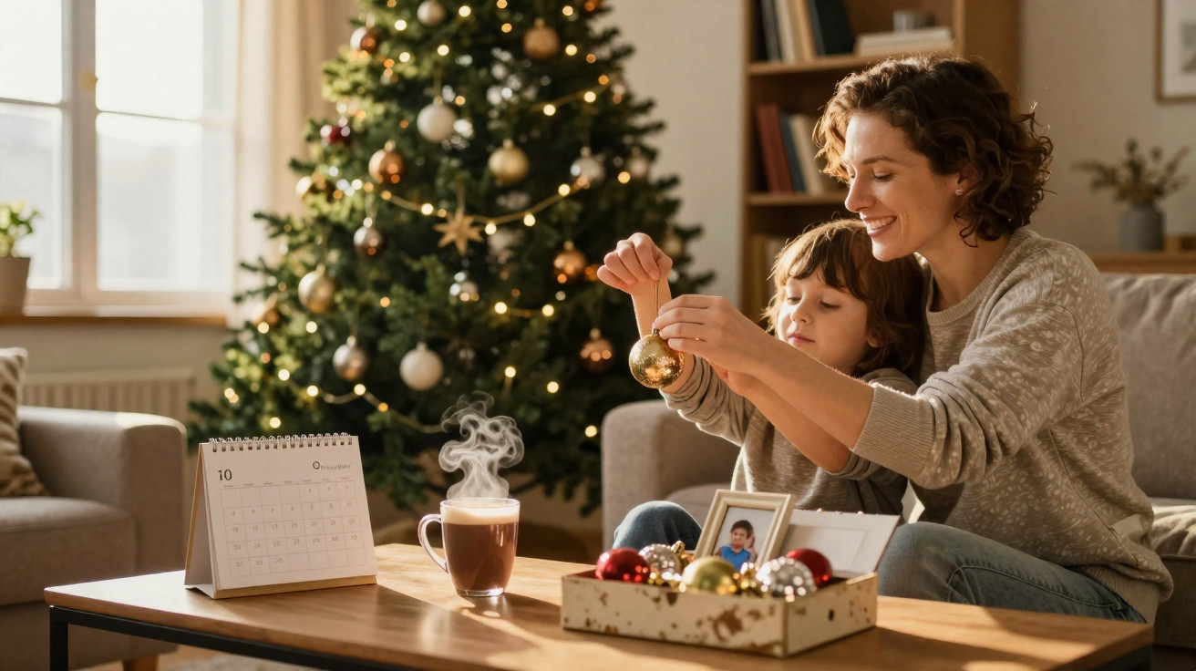 Mother and child decorating a Christmas tree with baubles in a cosy living room.