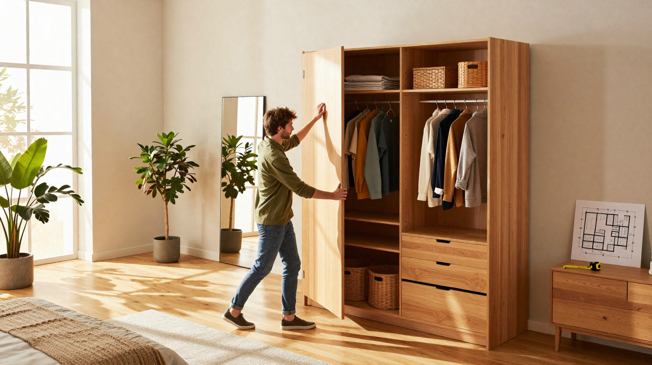 Man opening a wooden wardrobe with clothes and storage baskets in a bright, modern bedroom.