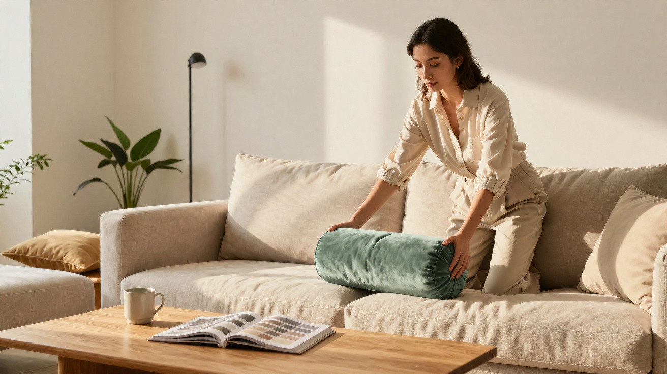 Woman arranging a green bolster cushion on a beige sofa in a sunlit living room with a wooden table.