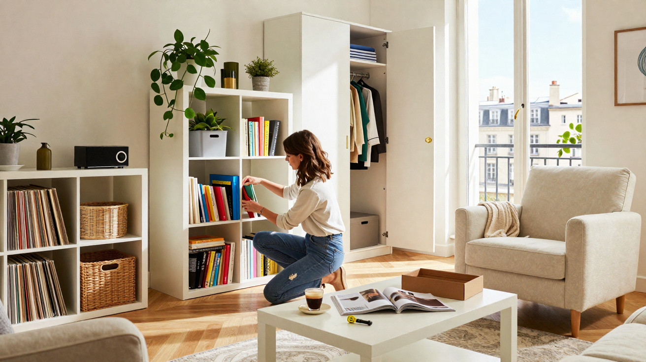Woman organising books on a white bookshelf in a bright, cosy living room with beige furniture and wooden flooring.