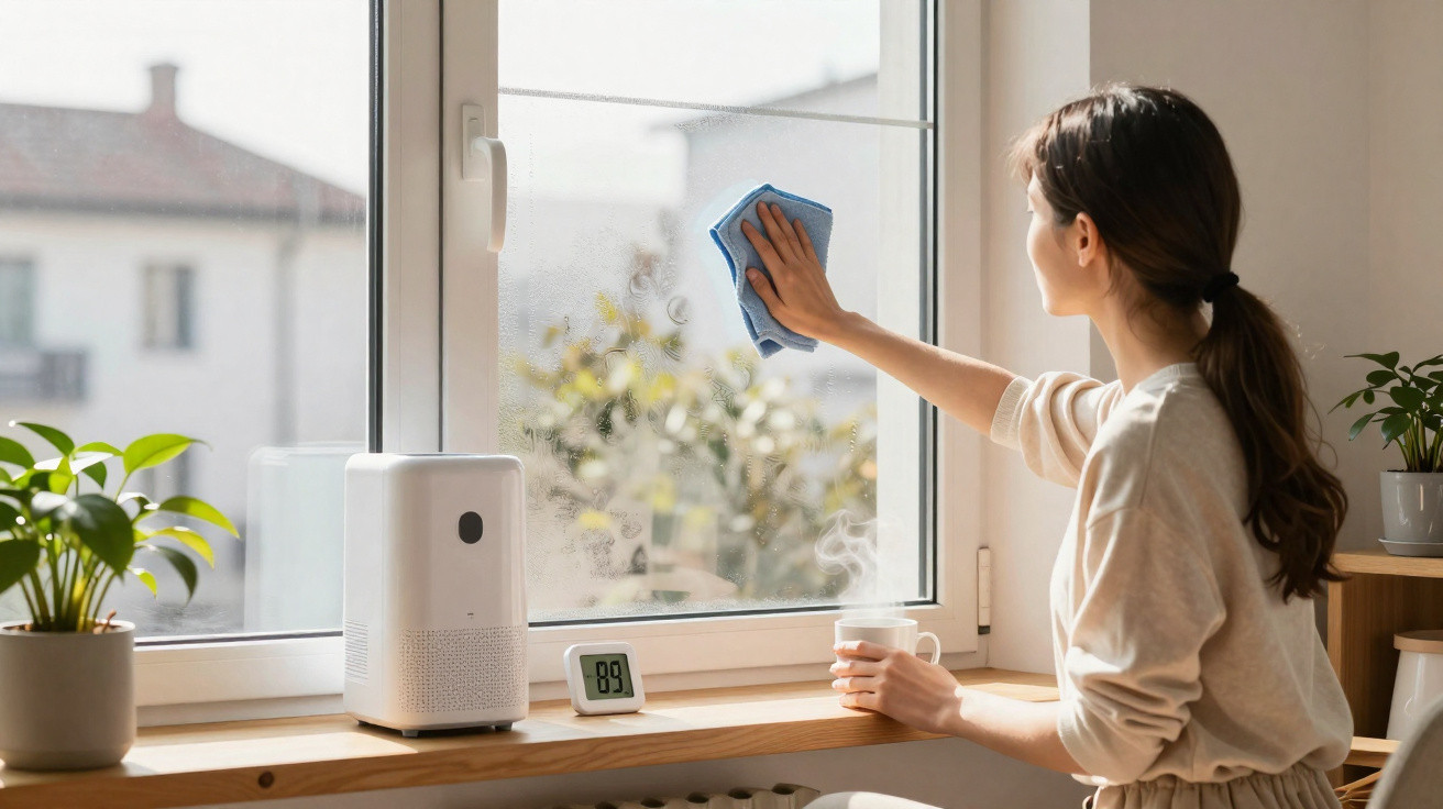 Woman cleaning a foggy window with a cloth while holding a cup, plants and air purifier on the windowsill.