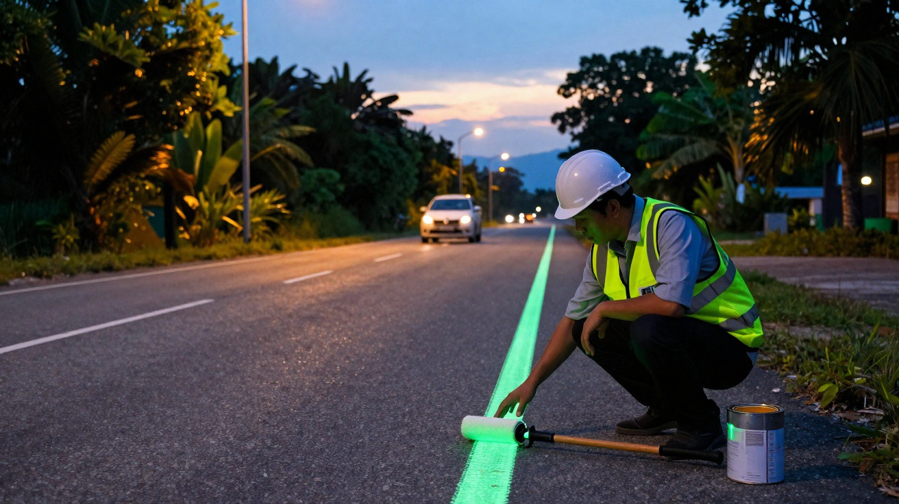 Worker in a safety vest and helmet painting a glowing green line on a road at dusk with a paint roller.