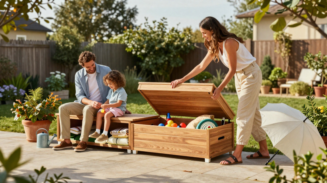 Family enjoying time in garden with mother opening wooden toy chest and father playing with child on bench.