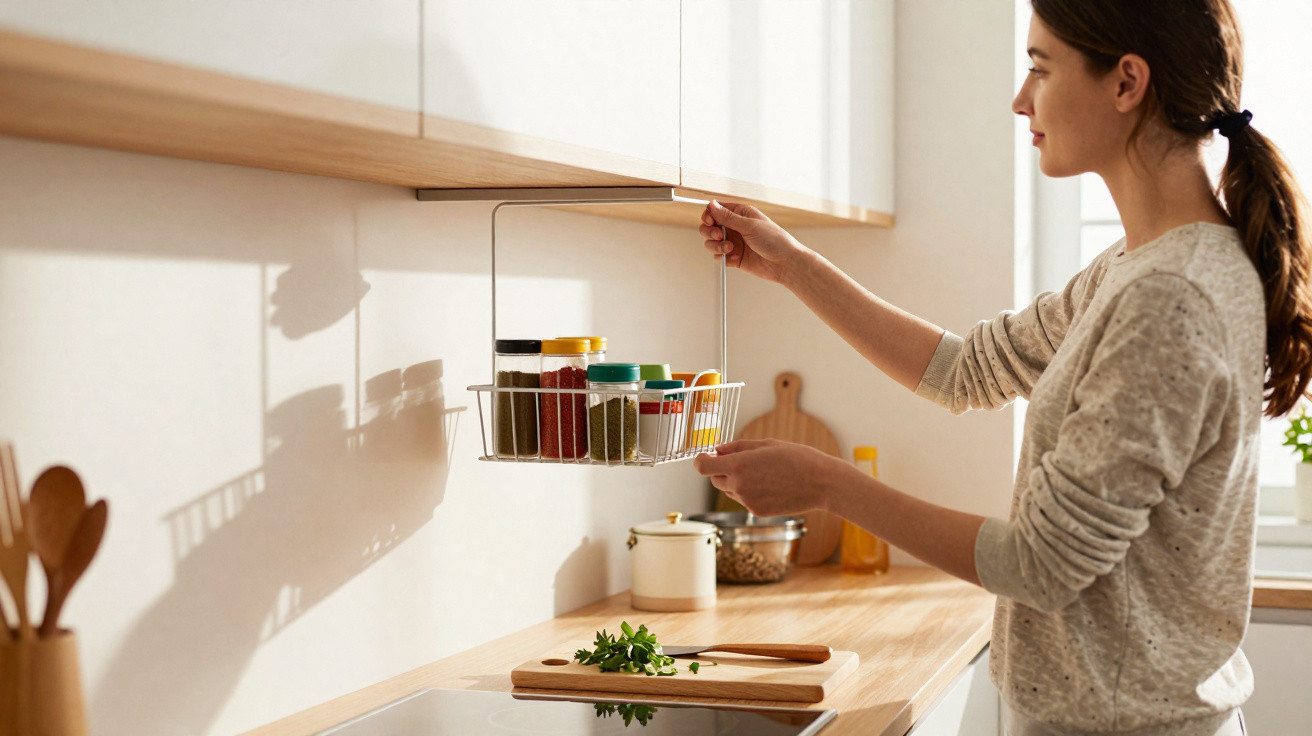 Woman placing a hanging spice rack in a bright kitchen with wooden countertop and fresh herbs on a cutting board.