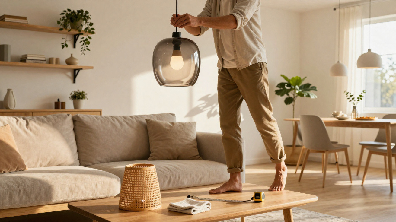 Barefoot man adjusting a hanging light in a sunlit, modern living room with neutral tones and wooden furniture.