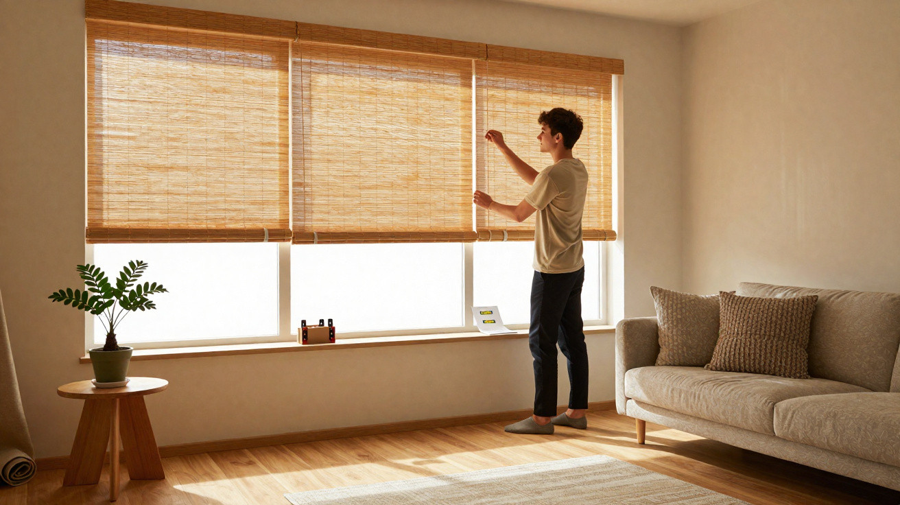 Man adjusting bamboo blinds in a bright, minimalist living room with a beige sofa and wooden side table.