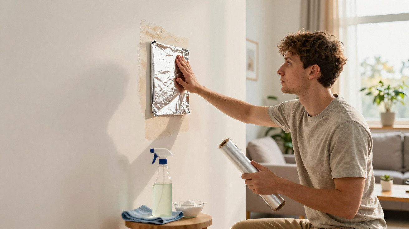 Young man applying aluminium foil to a patched wall, sitting in a bright living room.