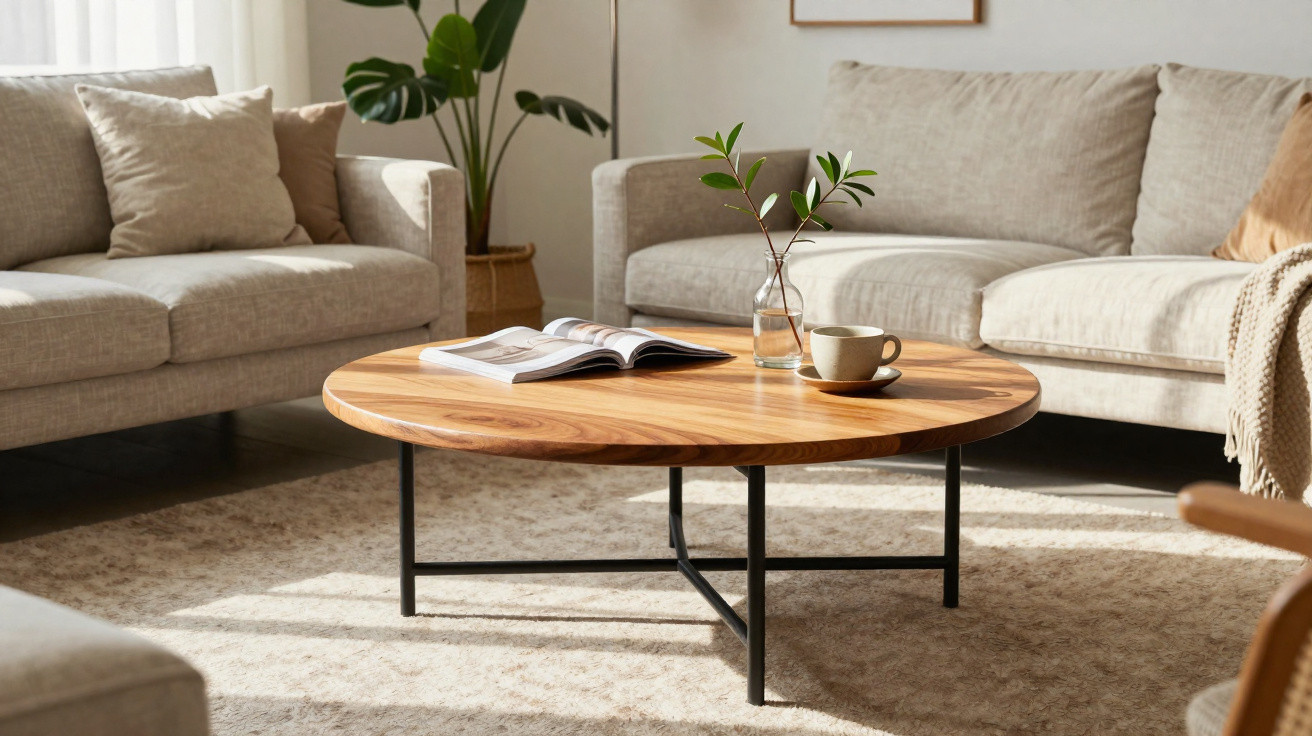 Round wooden coffee table with a vase, a cup, and an open book in a bright beige living room.