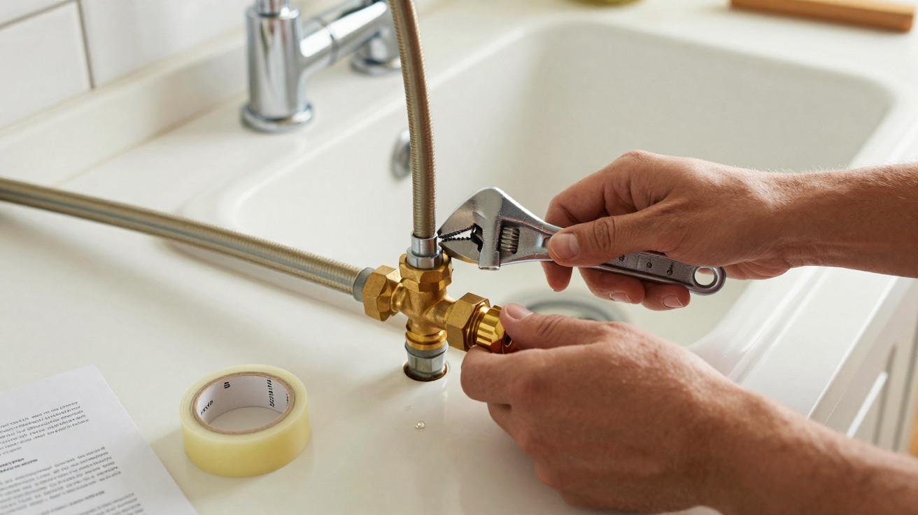Hands using a wrench to tighten a brass plumbing pipe fitting on a white kitchen sink countertop.