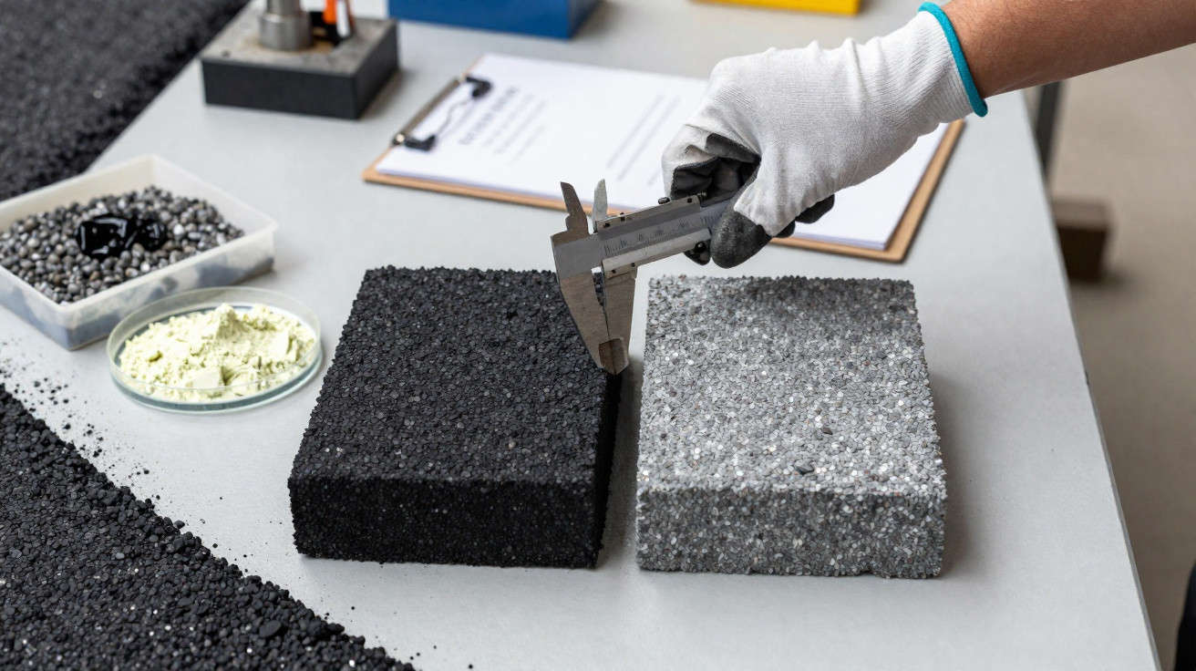 Hand wearing glove measuring thickness of black porous building material with caliper next to grey sample on table.