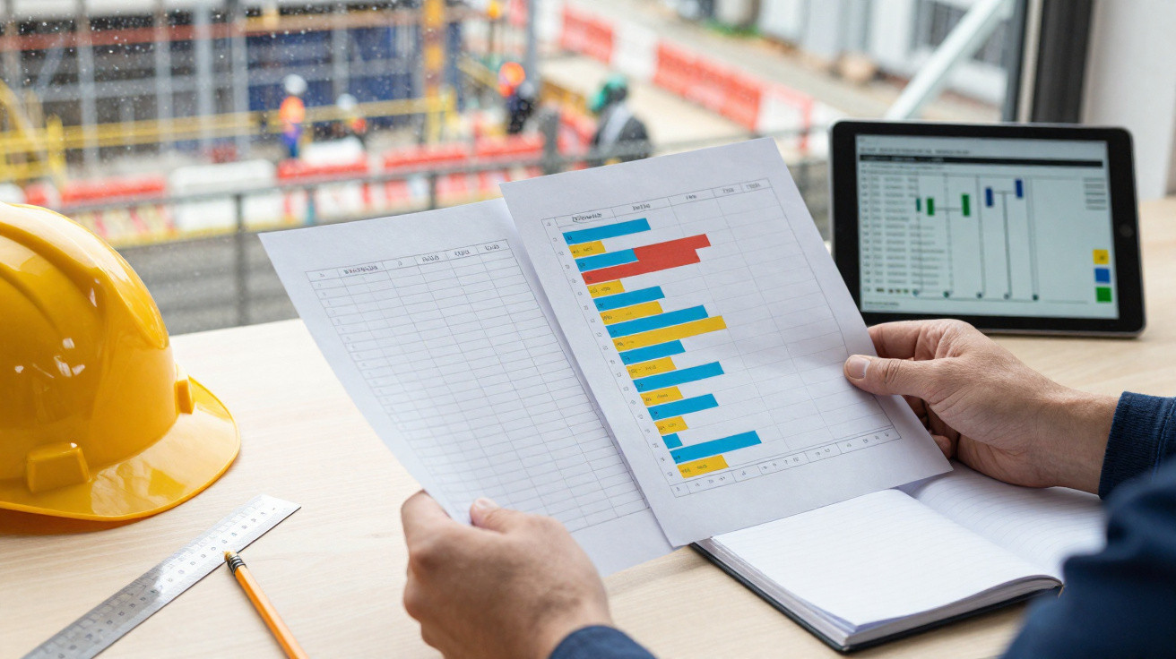 Person reviewing colourful bar charts at a desk with a yellow hard hat and tablet, construction site in background.