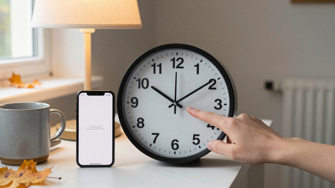 Hand pointing to 3 o’clock on a black and white clock on a desk with a smartphone, lamp, and mug nearby.