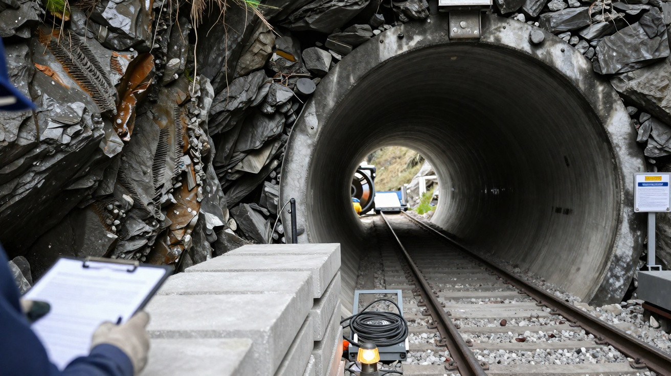 Railway tunnel entrance carved through rock with concrete blocks and person holding clipboard in foreground.
