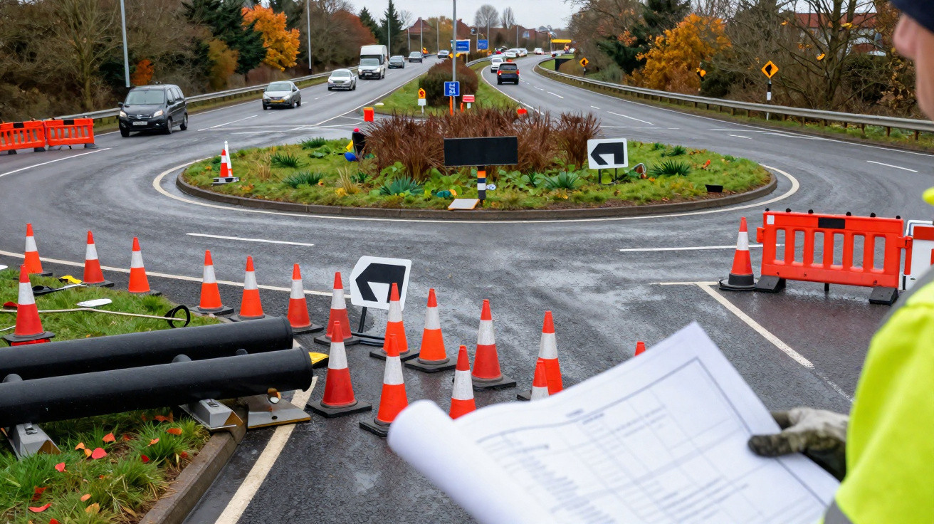 Roadwork at a roundabout with traffic cones, barriers, and a worker holding a construction plan.