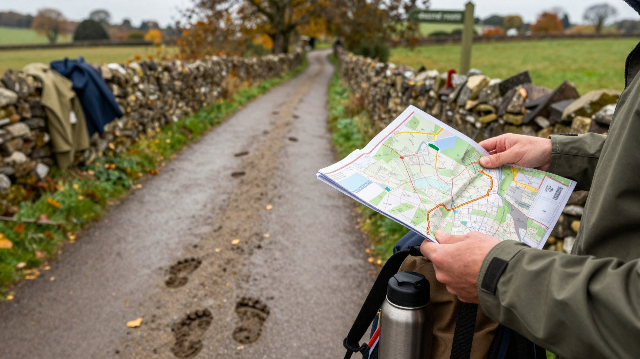 Person holding a map next to a countryside path with visible muddy footprints and dry stone walls.