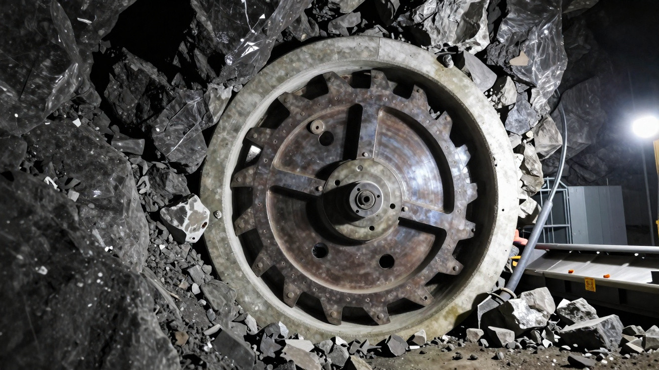 Large rusty metal gear wheel surrounded by rocks and machinery in an industrial setting at night.