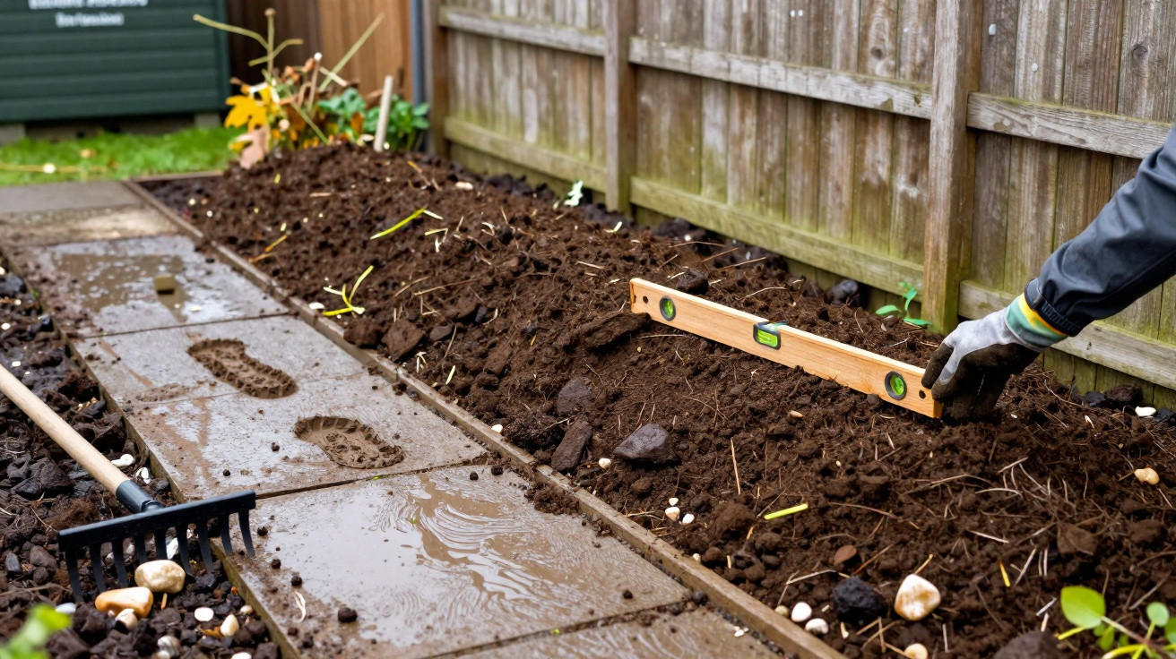 Person using a spirit level to check soil bed next to a wet paved garden path with rake nearby.