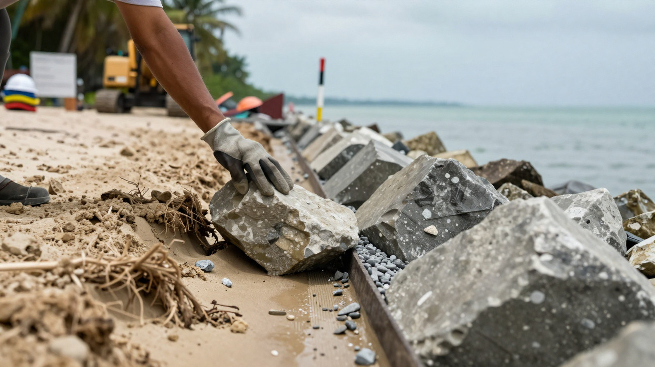 A person wearing gloves placing large rocks along a shoreline as part of coastal protection.