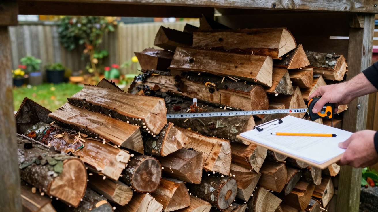 Person measuring stacked firewood with tape measure and recording on clipboard in outdoor garden setting.