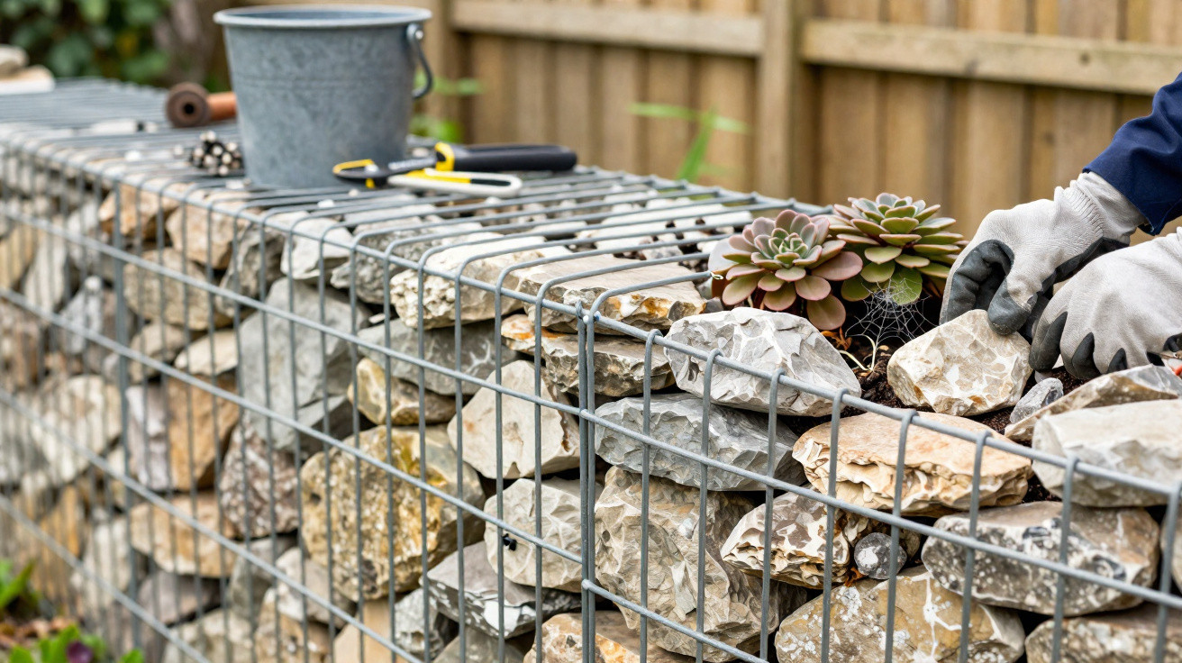 Hands wearing gloves building a gabion wall with stones and succulents, gardening tools and bucket nearby.