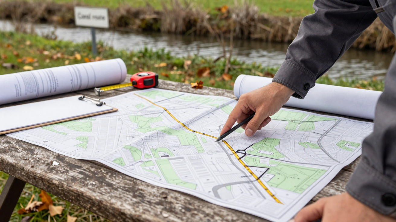Person pointing at a map on a wooden bench outdoors with measuring tools and rolled plans nearby.