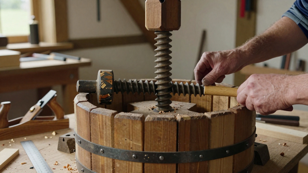 Hands operating a traditional wooden fruit press with a large screw mechanism in a workshop.