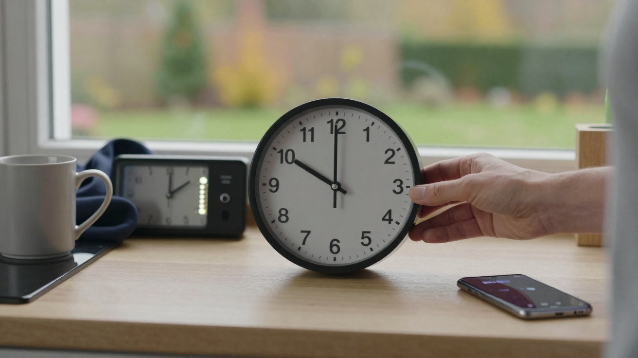 Hand holding a clock showing 3 o’clock on a wooden table with a mug, phone, and digital clock in the background.
