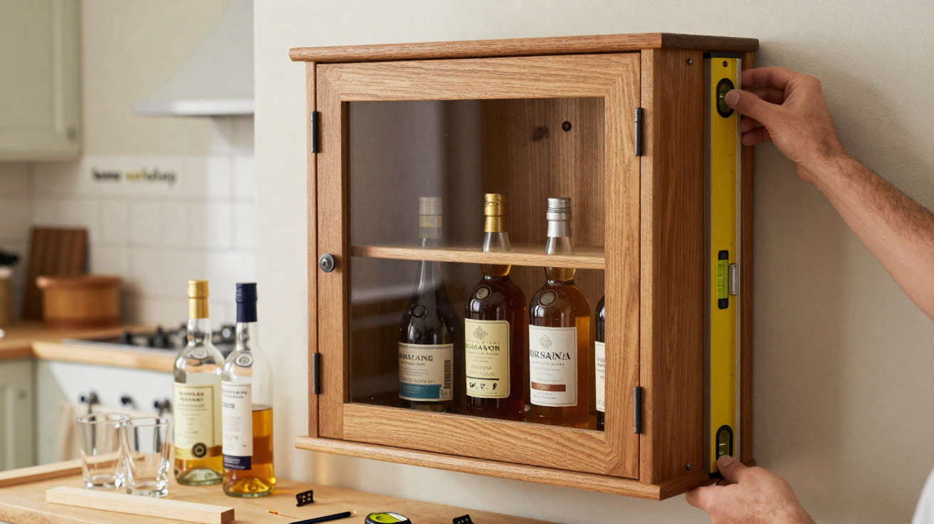 Person installing wooden wall-mounted cabinet with glass door holding whiskey bottles inside in kitchen.