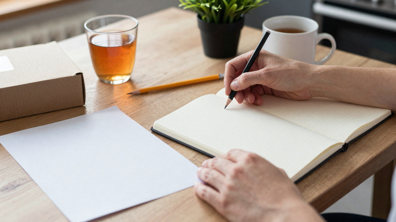 Person writing in an open notebook on a wooden desk with a mug, glass of tea, pencil, and potted plant.