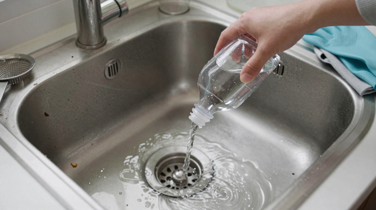 Hand pouring liquid from a plastic bottle into a stainless steel kitchen sink drain.