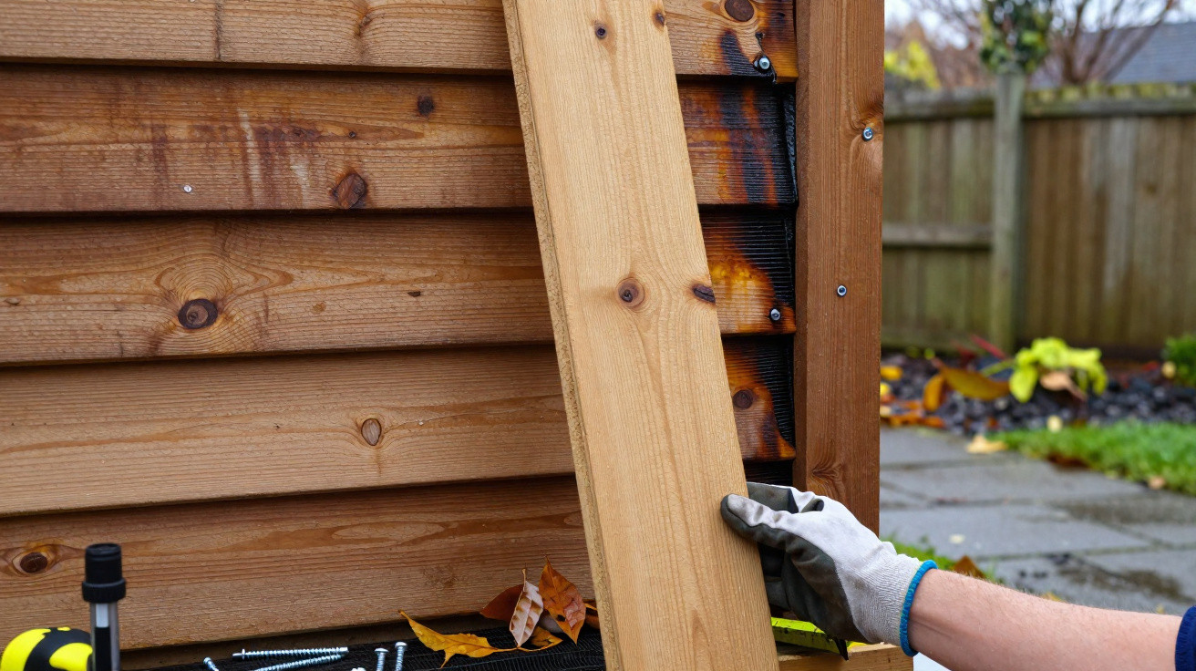 Hand wearing glove holding a wooden plank against the side of a wooden shed with screws and autumn leaves nearby.