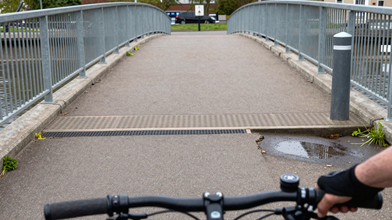 View from cyclist’s perspective approaching a small bridge with metal railings and a bollard on the right side.