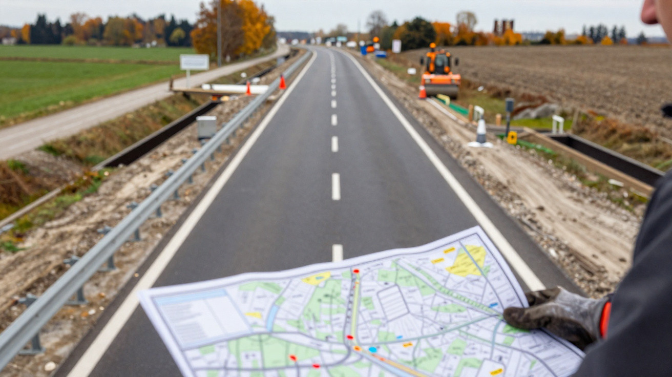 Person holding a map while standing on the side of a newly paved rural road with traffic cones and construction equipment.