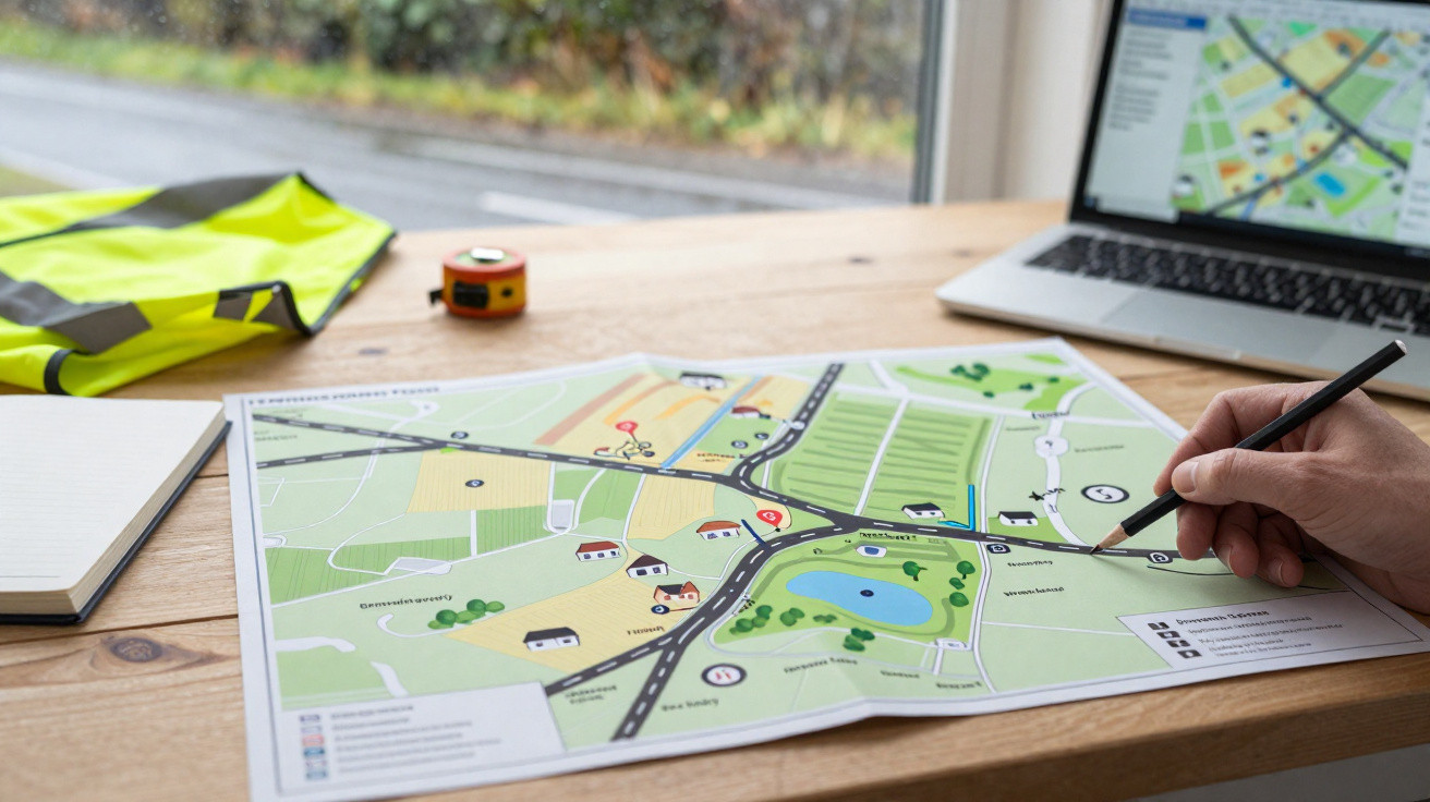 Person marking a detailed map on a wooden table with a laptop, notebook, measuring tape, and high-visibility vest nearby.