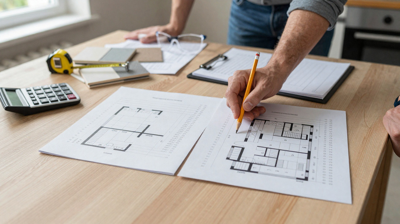 Person marking architectural floor plans on a wooden table with calculator and measuring tape nearby.