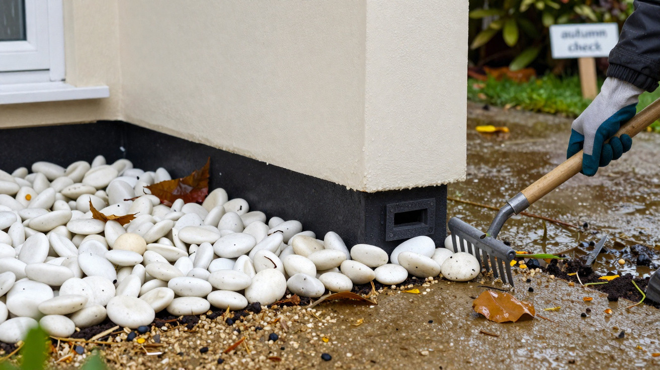 Hand in glove using a small garden rake to clear autumn leaves from pebbles near a house wall corner.