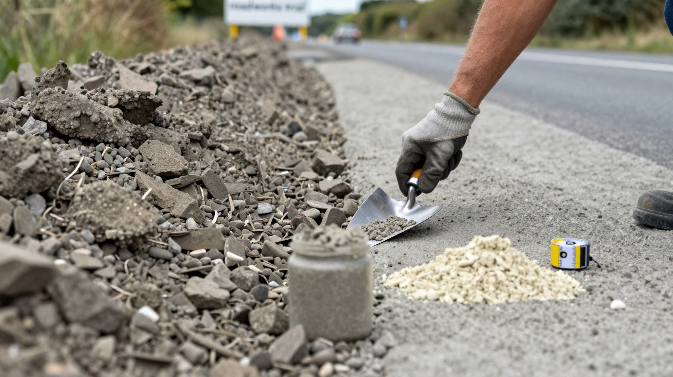 Close-up of a gloved hand collecting gravel from a roadside pile with a trowel during road construction.