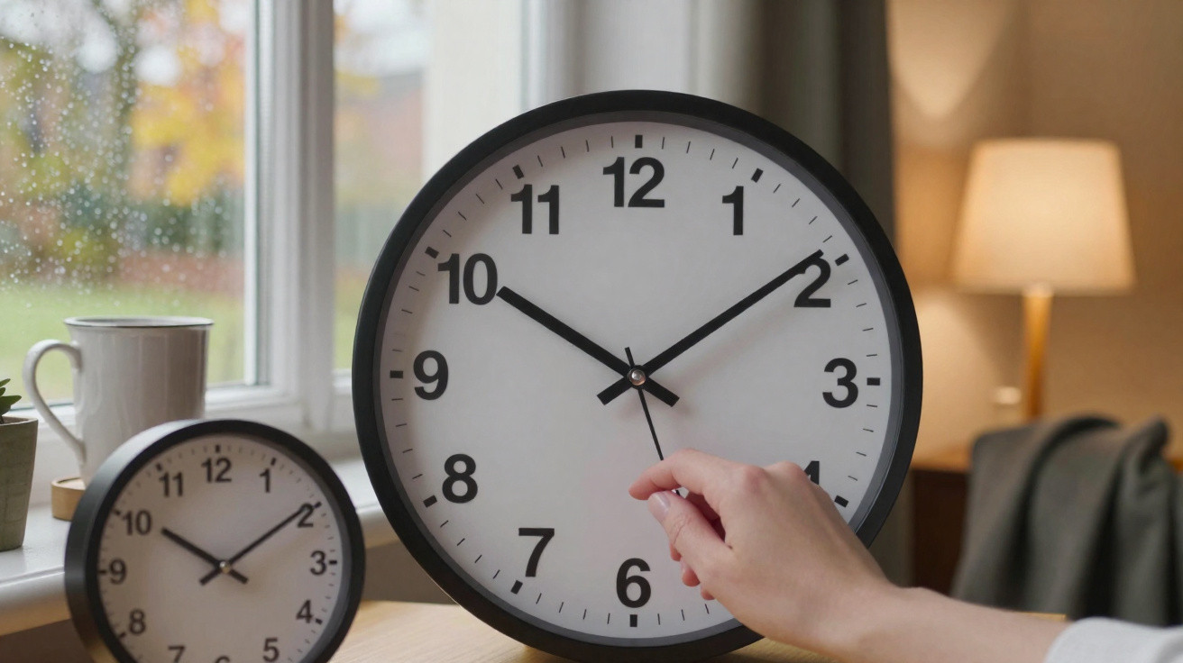 Hand adjusting the time on a large wall clock beside a smaller clock on a wooden table near a window with rain droplets.