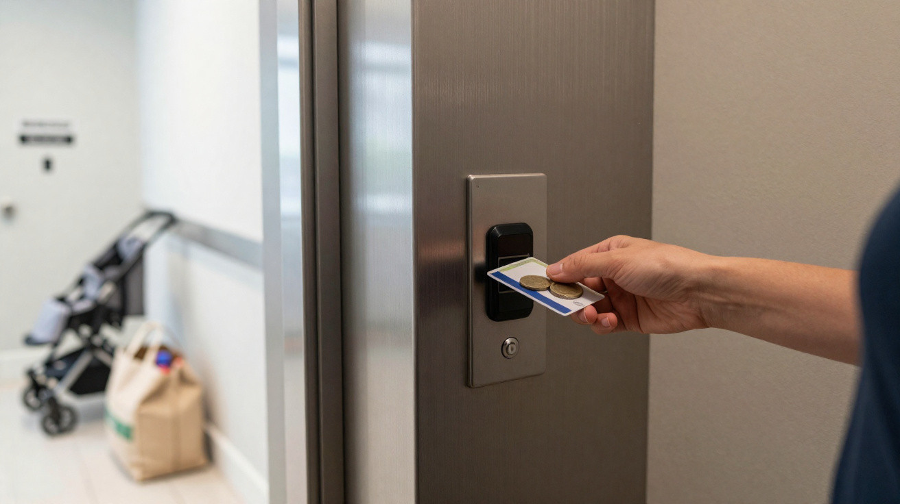 Person holding an access card with a coin to unlock a door in a modern indoor setting.