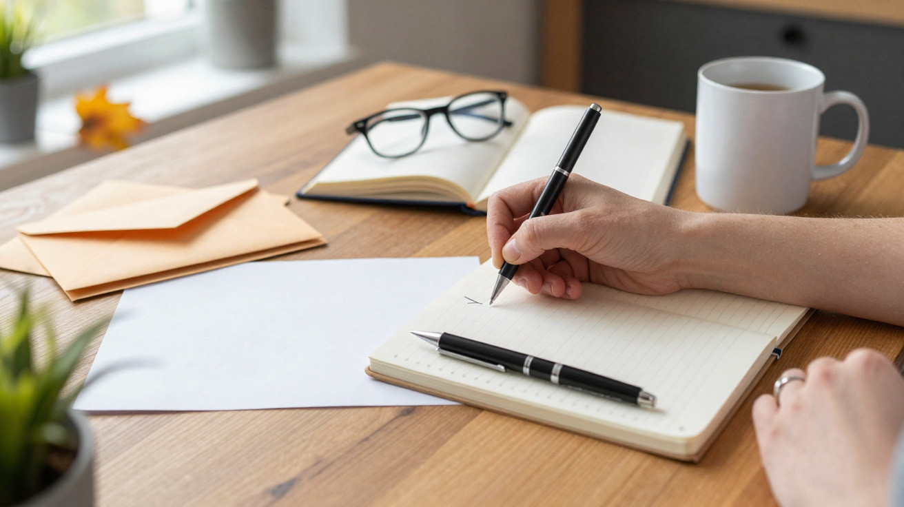 Person writing in a notebook at a wooden desk with a pen, glasses, envelopes, and a coffee mug nearby.