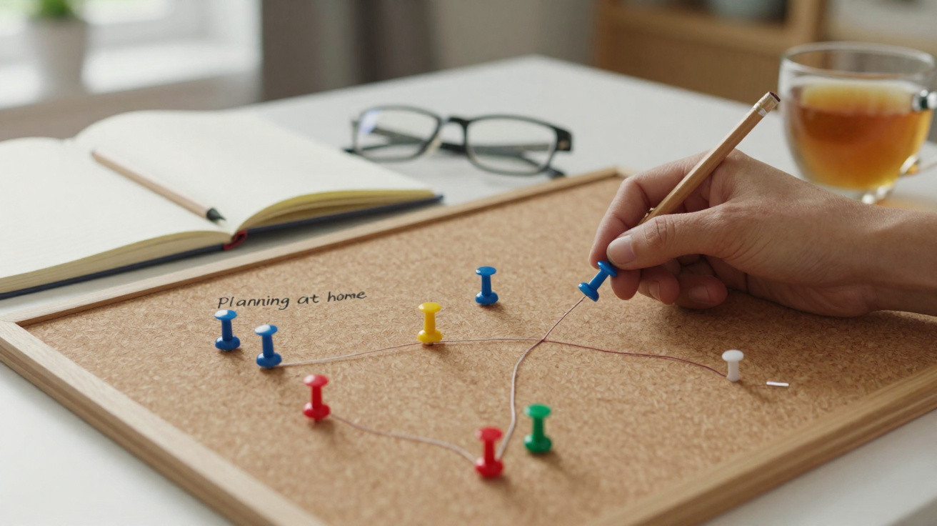 Hand placing blue pin on cork board with coloured pins connected by string, glasses, notebook and tea nearby.