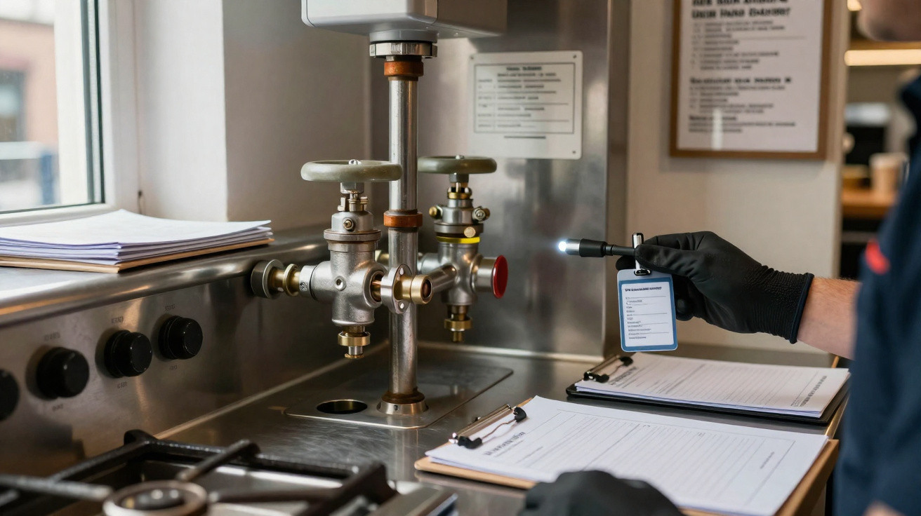 Person wearing gloves inspecting kitchen gas valves with a torch and clipboard in a commercial kitchen.
